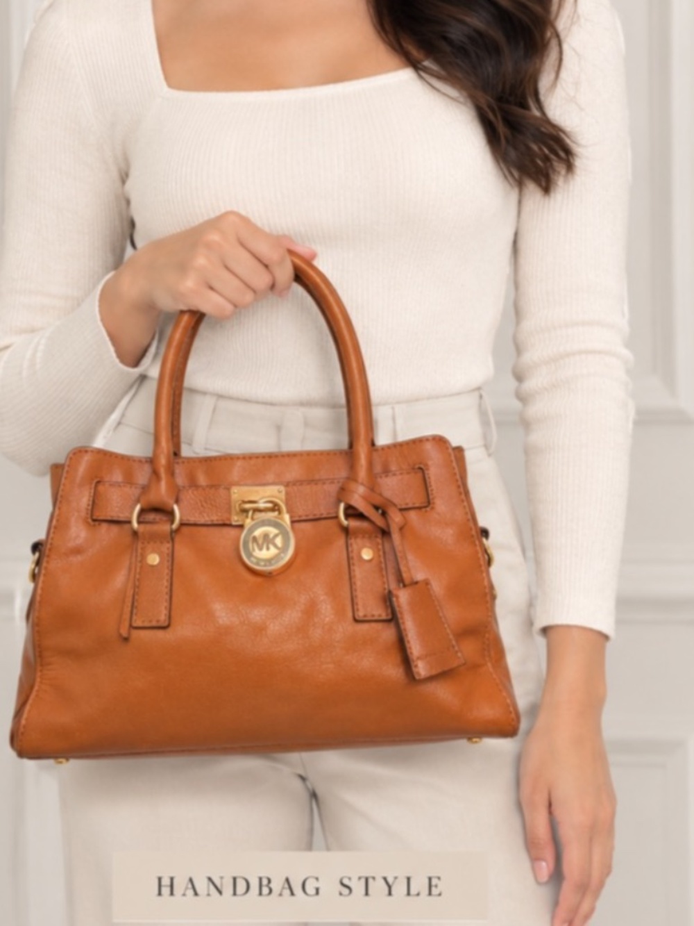 Michael Kors Hamilton Satchel Cognac Tan Leather Padlock Handbag Purse